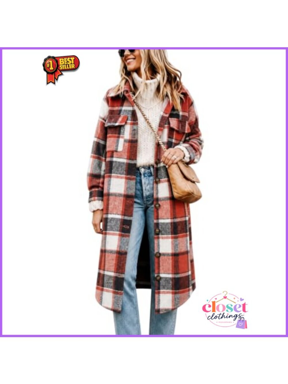 Oversized Plaid Shacket Long Fall Flannel Shirt Jacket Button Down